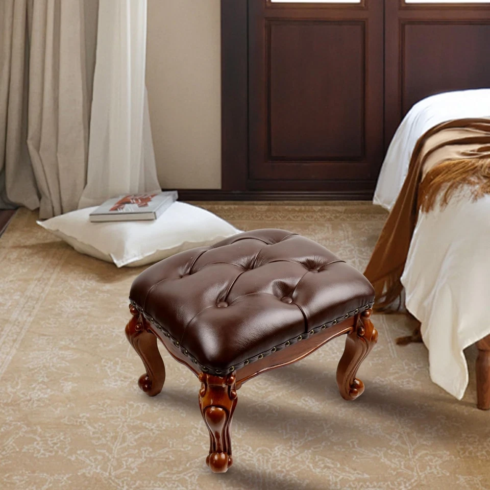 Кожаный ножной табурет маленький, винтажный оттоманский кожаный подножка, деревянная подножка, вверх... - Изображение 2 из 4