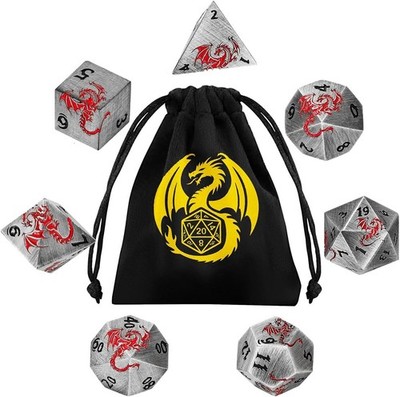 DND NURD Metal Dragon DND Würfel Set 7tlg Polyhedral + Dragon Bag Silber/Rot