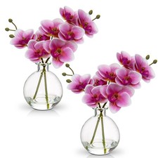 Oairse Pink Artificial Orchid Flowers Arrangement w/ Clear Glass Vase - Real Tou