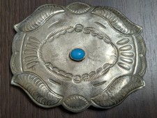 Vintage Navajo Nickel Silver Plated Turquoise Hand Crafted Belt Buckle