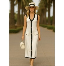 NICOLE MILLER Elegant Classic White Black Trim Maxi Dress XL French Old Money
