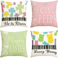 Happy Easter Pillow Covers 18x18 Inch Set of 4, Bunny Hello Peeps He is Risen...