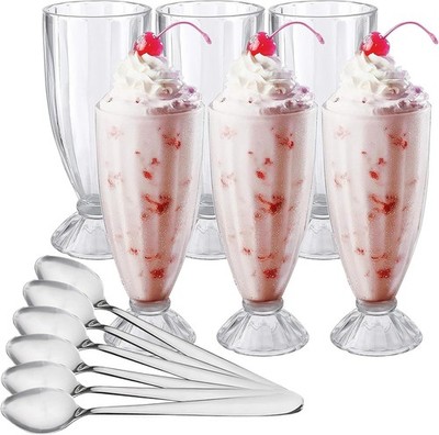 Set of 6 Milkshake Glass, 12oz Old Fashion Sundae Cups, Retro Ice Cream Float