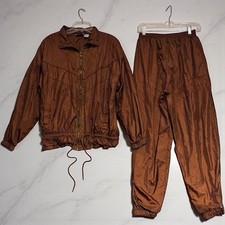 Womens VTG 80s Windbreaker Track Suit Jacket Pants Nylon M Bold Spirit Brown