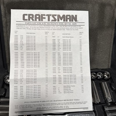 Sears Craftsman USA 70 pc Mechanics Tool Set Socket Ratchet 33670 USA 