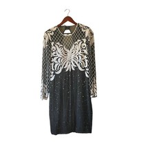 Vintage 80s 100 Silk Black Sequins Beaded Mesh Long Sleeve Party Dress size 10