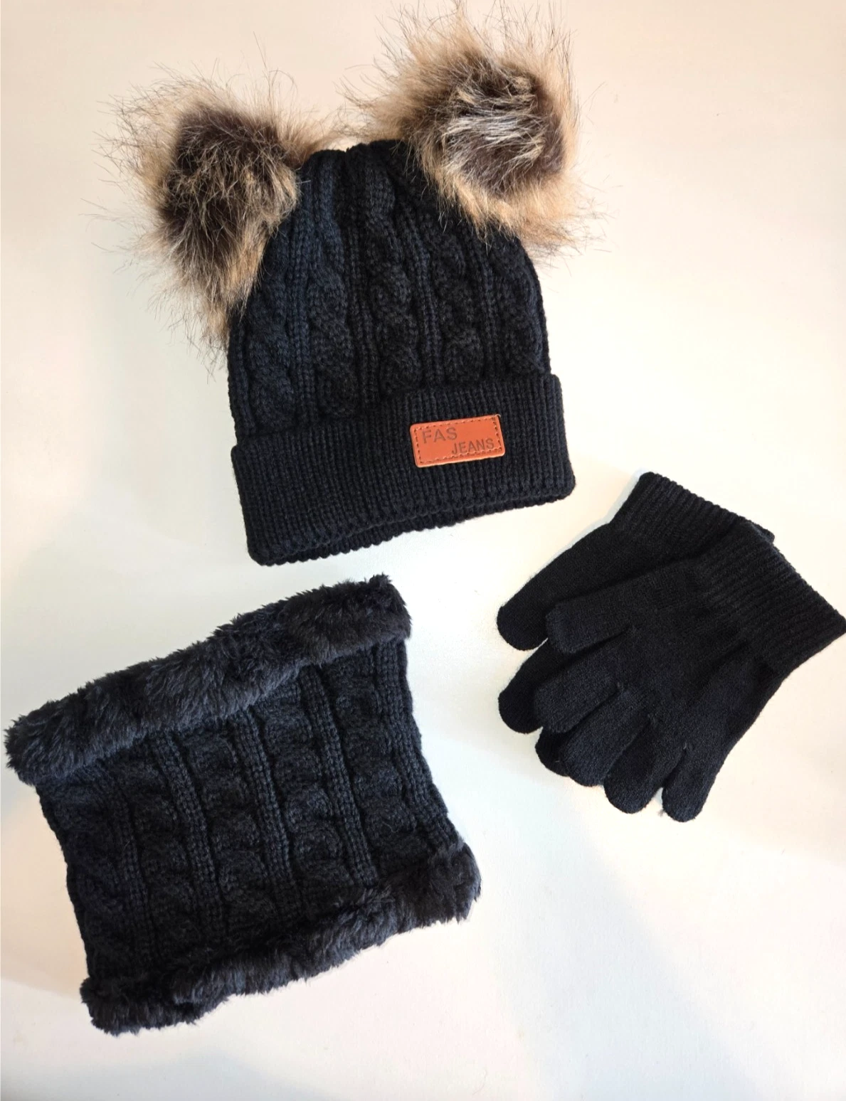 Girls Toddler Black Double Pom Pom Knit Hat Neck Warmer & Gloves - FREE SHIP