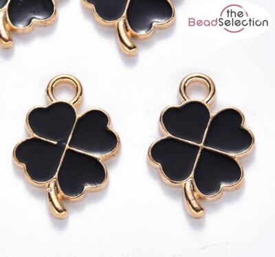 10 SCHWARZ GLÜCK VIERBLÄTTRIGES KLEEBLATT EMAILLE CHARMS ANHÄNGER 18mm TOP QUALITÄT C284