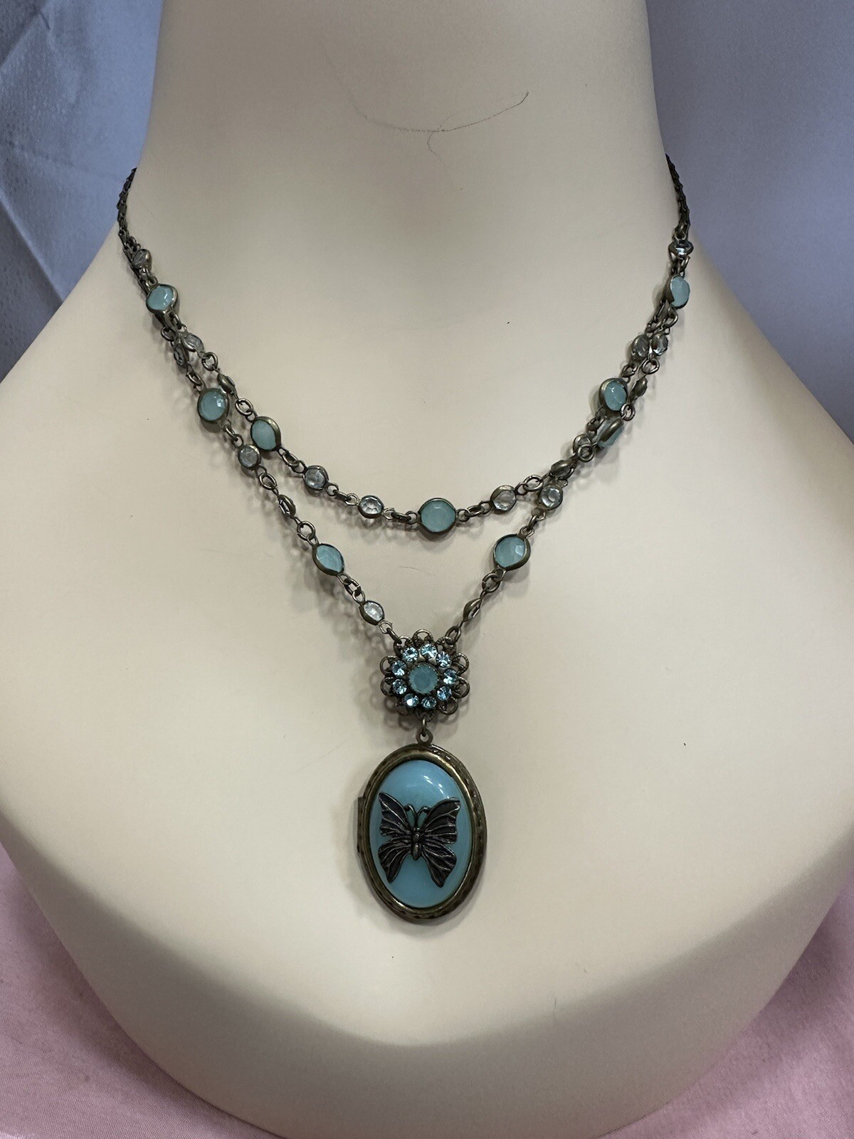 Vintage Avon Locket Necklace Butterfly Green Stones Gem