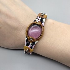 Boho Chic Purple Glass Cabochon Hand Stamped Braided Leather Bracelet Western