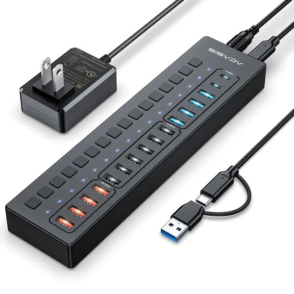 ACASIS Powered USB Hub 16 Ports Hub USB 3.0/2.0 Single Switch 60W Power Adapter