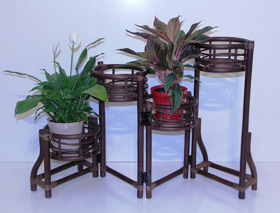 Handmade Rattan Wicker Plant Flower Stand Natural 4 Tier Planter Dark