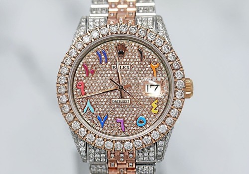 Rolex Datejust Two Tone Rose 36 Rainbow Arabic Script Dial Custom Diamond Watch