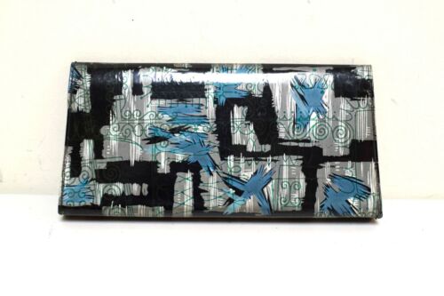 Vintage 1950s Black Gray Blue Shiny Vinyl Novelty Patterned Clutch Purse Wallet - Picture 2 of 6