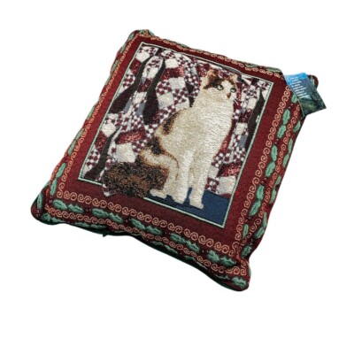 Kitty Corner Christmas Cat Holly Border Vintage 17in Tapestry Square Pillow