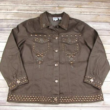 DG2 Large Embellished Brown Denim Jean Jacket Diane Gilman