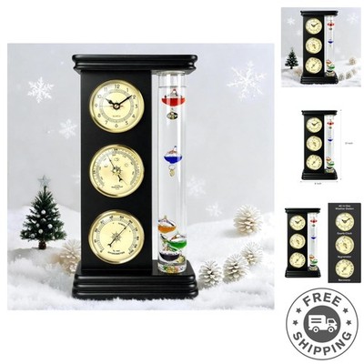 Elegant Analog Weather Station with Galileo Thermometer, Black 6'' L x 12'' H