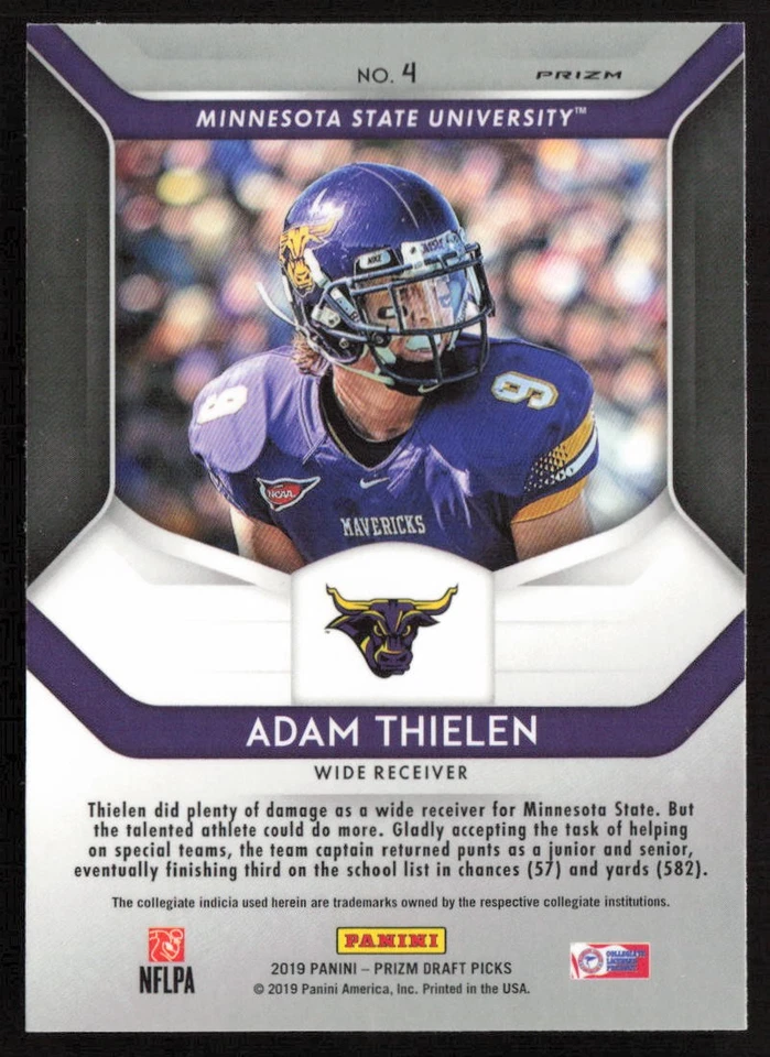 2019 Panini Prizm Draft Prizms Pink Pulsar Adam Thielen #4 Minnesota St. - Image 2 of 2