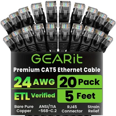 Black Cat5e Ethernet Patch Cable 5 FT 20 PCS Snagless RJ45 LAN Network Cord