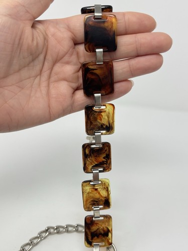 Faux Tortoise Root Beer Acrylic Lucite Plastic Panel Link Chain Belt Silver Tone - Picture 6 of 12
