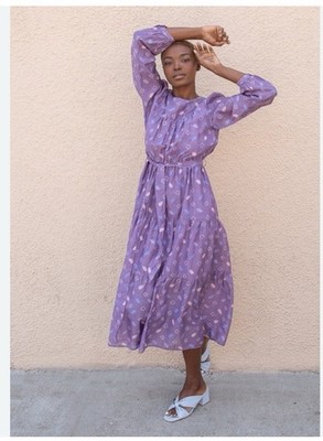 Xirena Misty Purple Silk/Cotton Blend geometric print midi prairie style dress