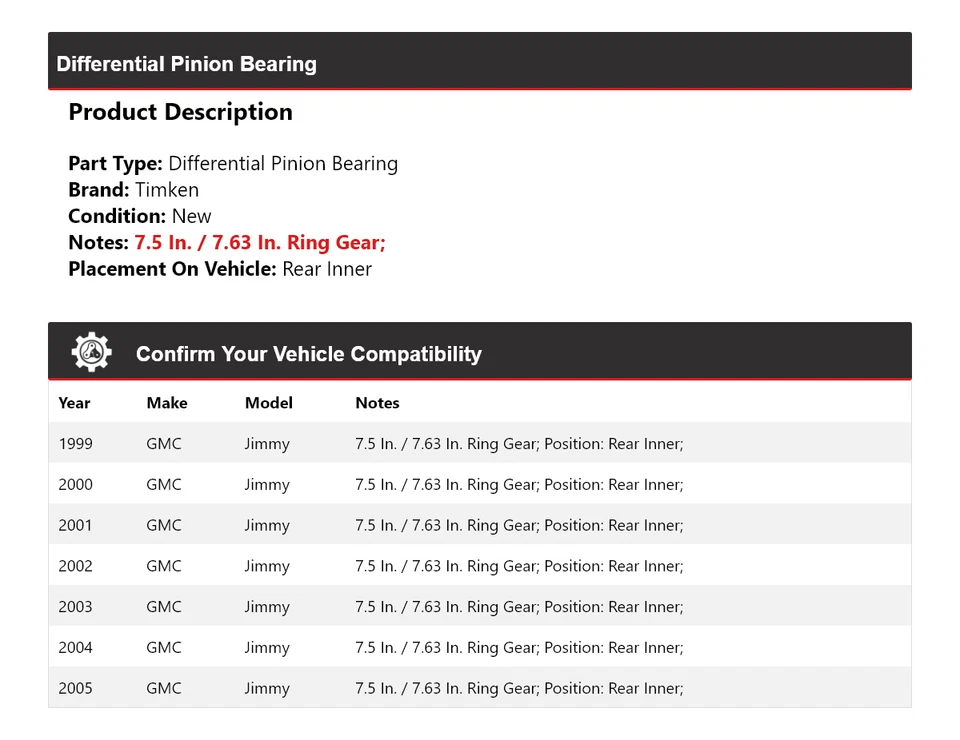 For 1999-2005 GMC Jimmy Differential Pinion Bearing Rear Inner Timken 2000 2001 - Image 2 of 4