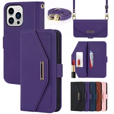 For iPhone 14 13 12 11 XR Leather Flip Stand Mirror Crossbody Wallet Case Cover