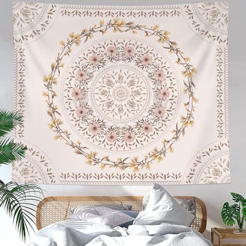 Lifeel White Pink Bohemian Tapestry Wall Hanging, Mandala Floral Medallion - Picture 5 of 8