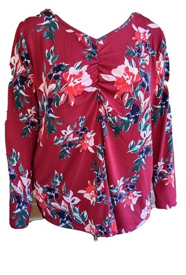 Flowing Women s Cranberry Bold Flower Boho Gathered Front Top 3X Evri