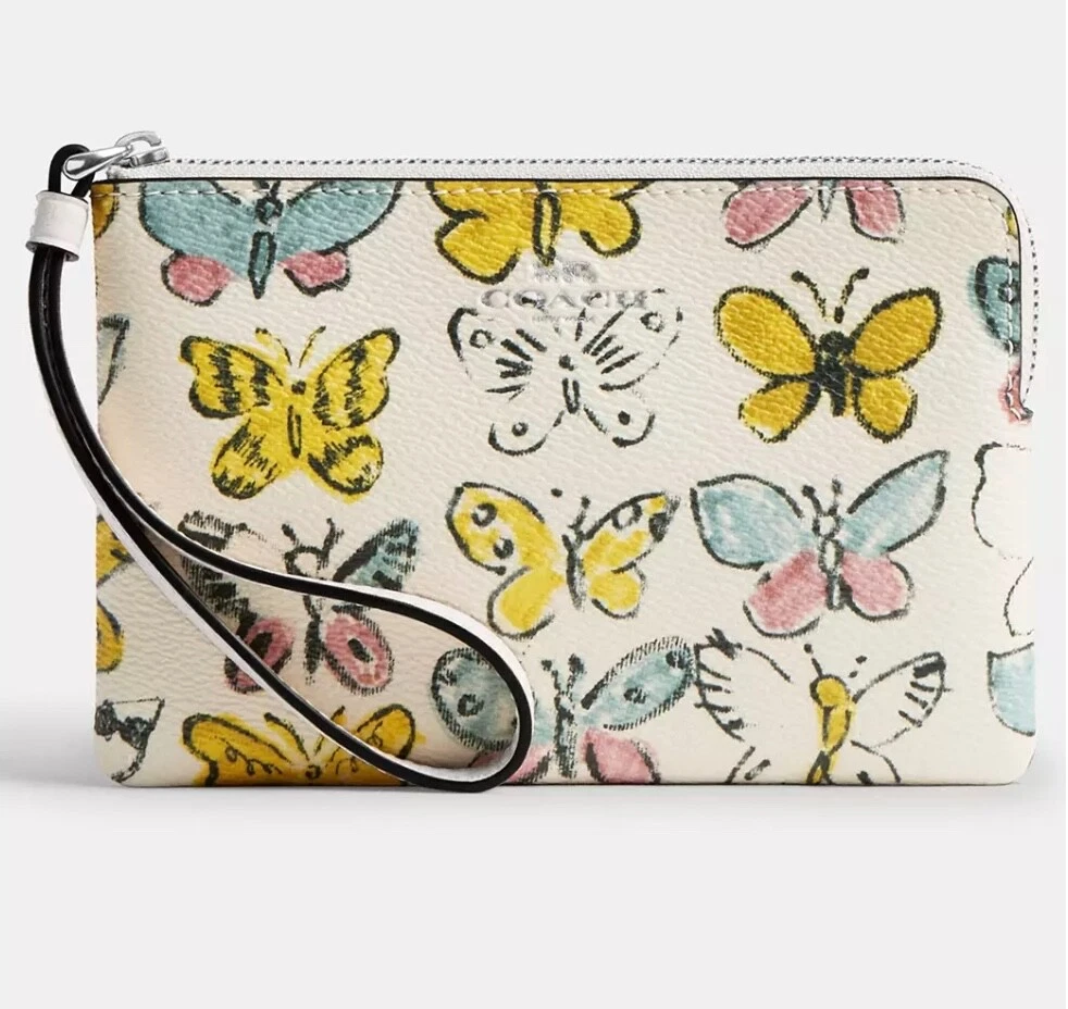 Portafoglio Coach Angolo Zip Polso Stampa Farfalla Tela Pelle Gesso CAQ55 Nuovo con etichette