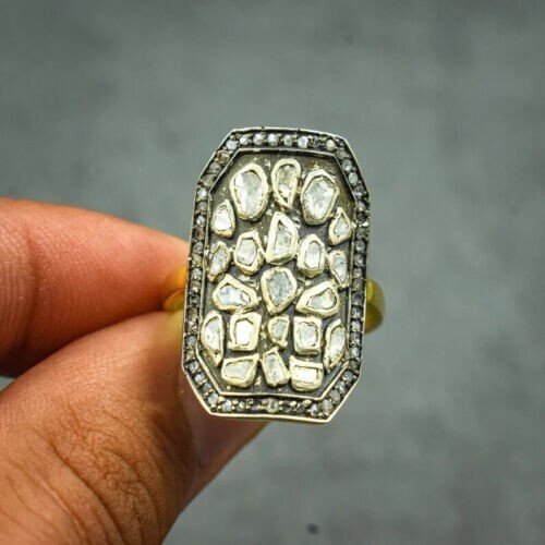 Full Finger Royal Ring Natural Polki & Pave Diamond Slice Ring Victorian Jewelry
