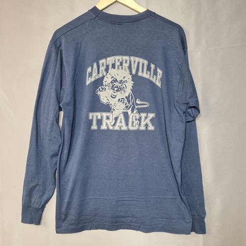 Vintage Single Stitch Long Sleeve T-Shirt Size L Blue Carterville Track Graphic - Picture 8 of 14
