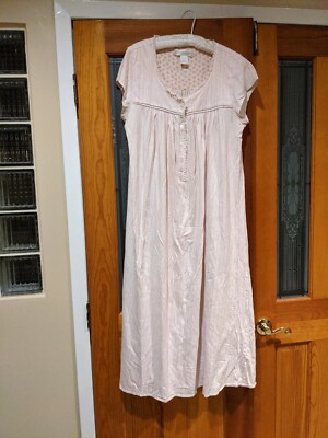 Eileen West 100% Cotton Knit Nightgown Pink Midi M, Crochet Detail, Defect 