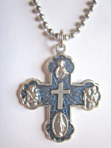 Catholic Five Way Medal Cross 1 3/8" w Blue Enamel Italy Necklace 24" Ball Chain - Picture 1 of 3