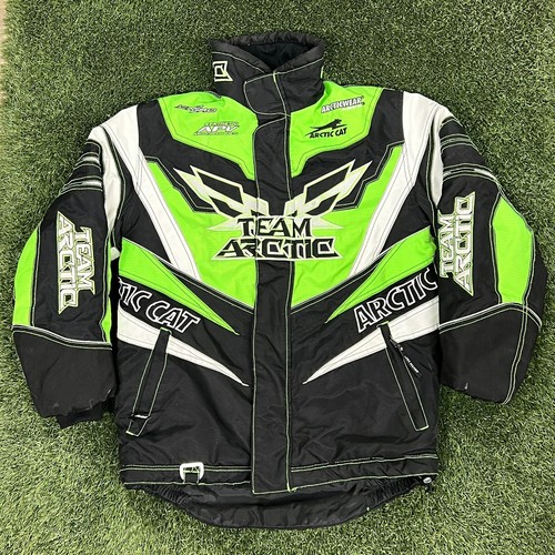 Team Arctic Cat Jacket Snowmobile Racing Coat Black Green Youth Size 12 (C12)