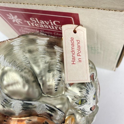 Slavic Treasures Ornament Hand Blown Glass Christmas Kitten Ball Poland Vintage - Picture 3 of 14