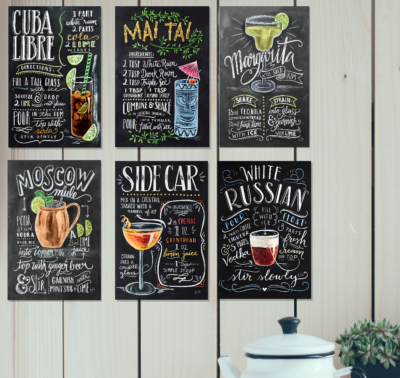 Cocktail Bar Drink Chalkboard Style Poster Wall Art Decor Set of 6