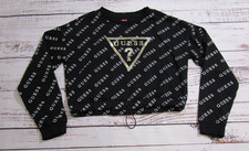 Guess Black Cropped Sweatshirt White Spellout Sequin Logo Womens Medium