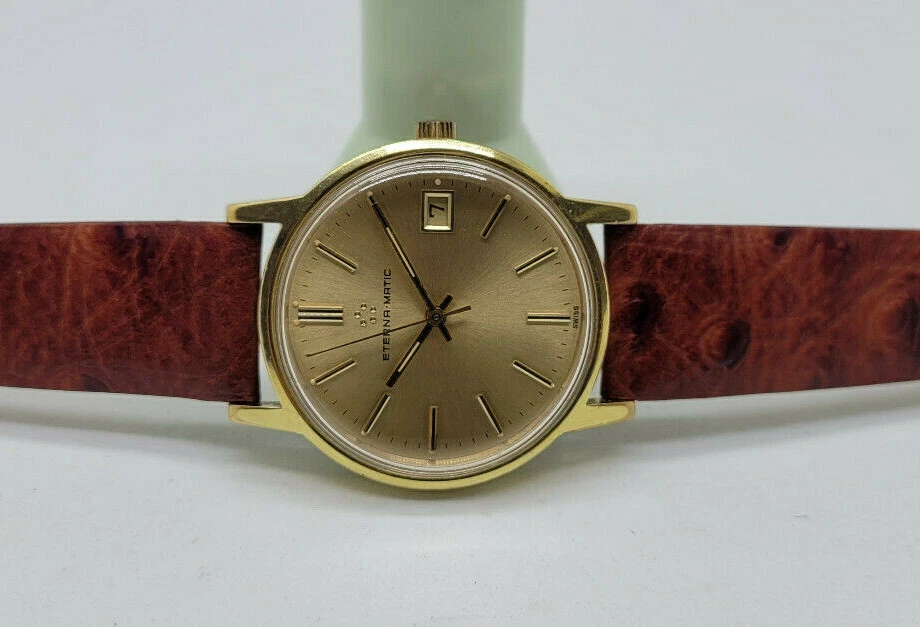 Б/У ВИНТАЖНЫЕ АВТОМАТИЧЕСКИЕ МУЖСКИЕ ЧАСЫ ETERNA-MATIC С ЗОЛОТЫМ ЦИФЕРБЛАТОМ ПОЗОЛОЧЕННЫЕ ДАТА - Изображение 2 из 4