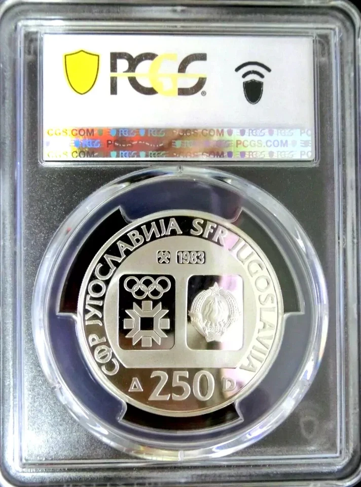 PCGS PR68DCAM Yugoslavia 1983 Artefacto Plata 250 Dinara Super GEMA PF Escaso Foto 2 de 2