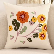 Spring Floral Embroidered Boho Canvas Throw Pillow Cover Holiday Home Decor