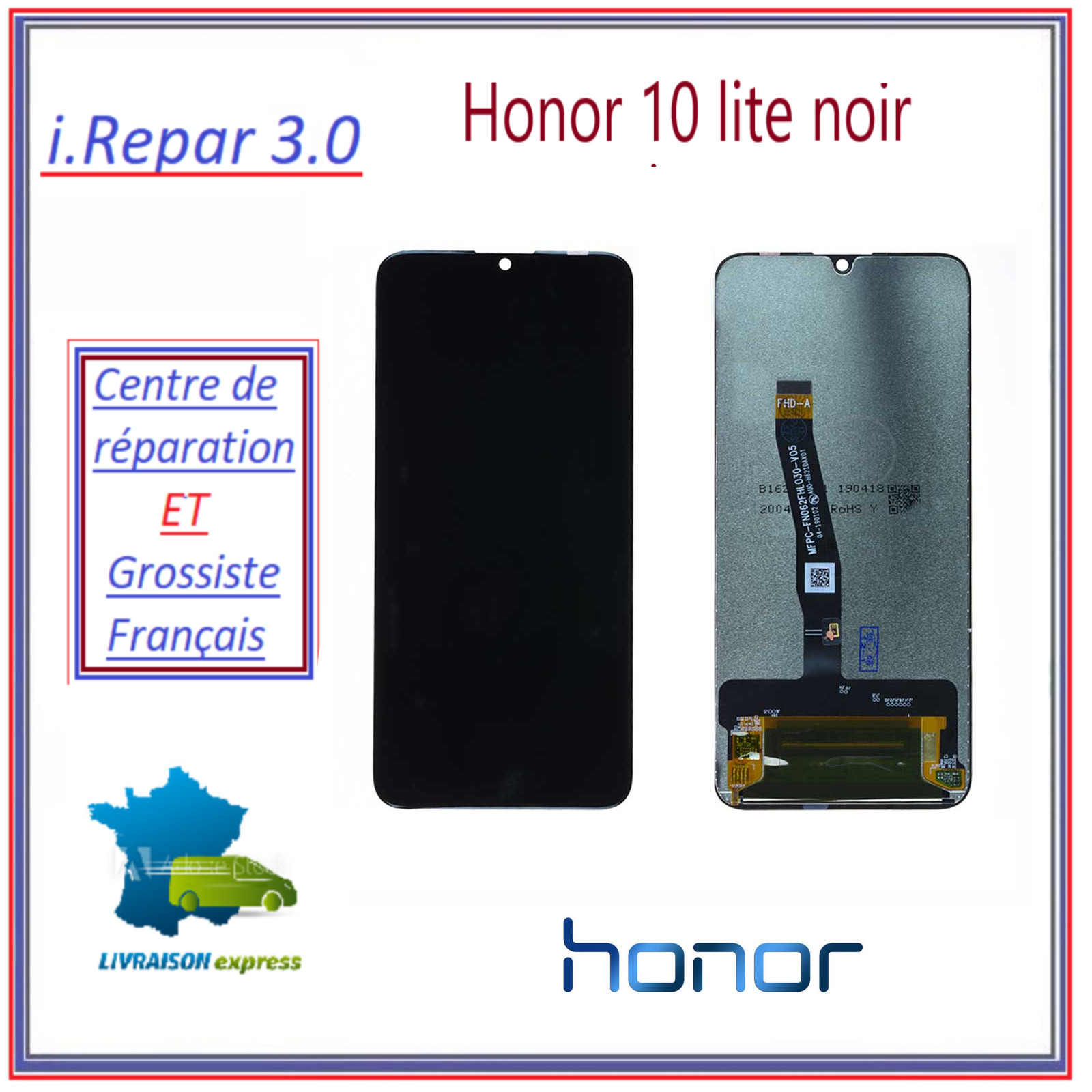 Écran OEM et vitre tactile Honor 20 Lite noir, dalle LCD premium haute définition