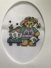 COMPLETED FINISHED CROSS STITCH CARD ''CUTE  SPRING FOWER BEAR"