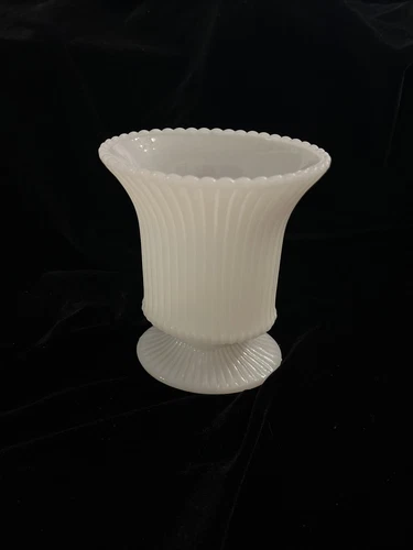 Vintage E O Brody Milk Glass Pedestal  Vase 5" H, Scalloped Ribbed