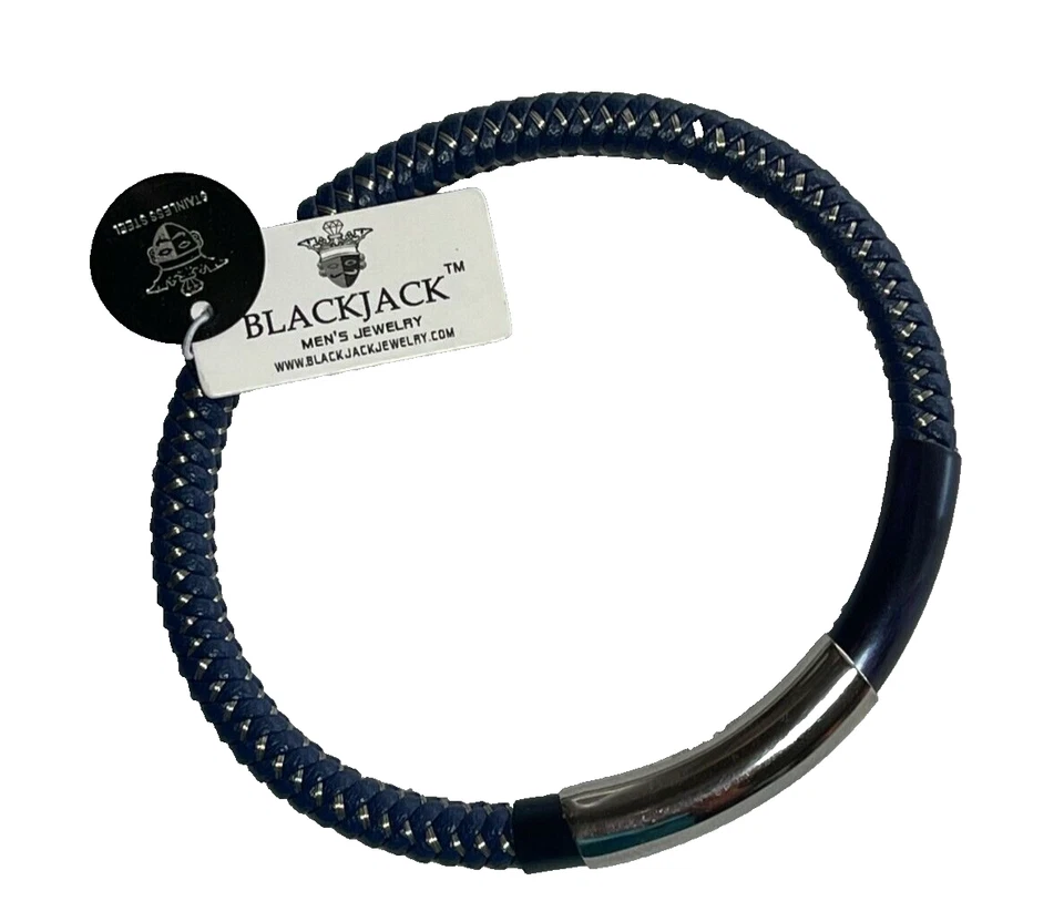 Blackjack Blue Metallic Woven Leather Silver Accent Stainless Steel Men Bracelet - Image 2 of 4