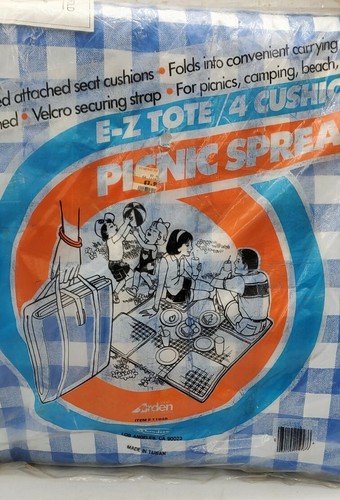 NOS Vintage Arden Paradise Blue and White Check 4 Picnic Cushions E-Z Tote  - Picture 2 of 6