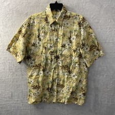 Pierre Cardin Mens Hawaiian Shirt Yellow Floral Medium Cotton Short Sleeve VTG