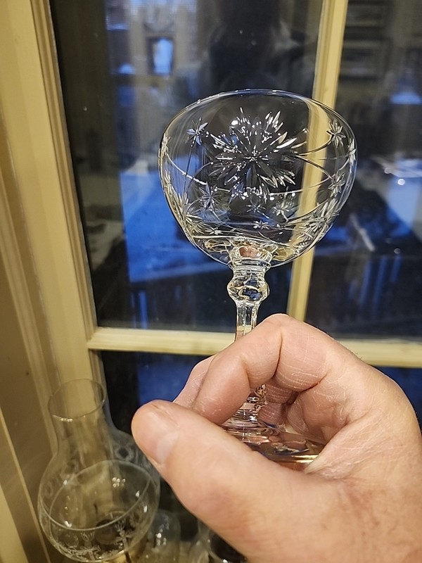 Set of 7 Cambridge Crystal Tall Sorbet/Champagne Glasses Cut Starburst Vtg 1940 
