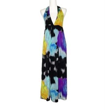 Alice + Olivia Multicolor Watercolor Silk Halter Maxi Dress Plunge Neckline