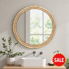 30" Round Wood Wall Mirror, Beaded Farmhouse French Style Frame